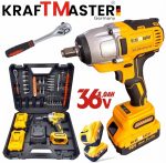 Безчетков Комбиниран Акумулаторен Ударен Гайковерт-Винтоверт KraftMaster 36V 8Ah 850 N/m + 40 части инструменти