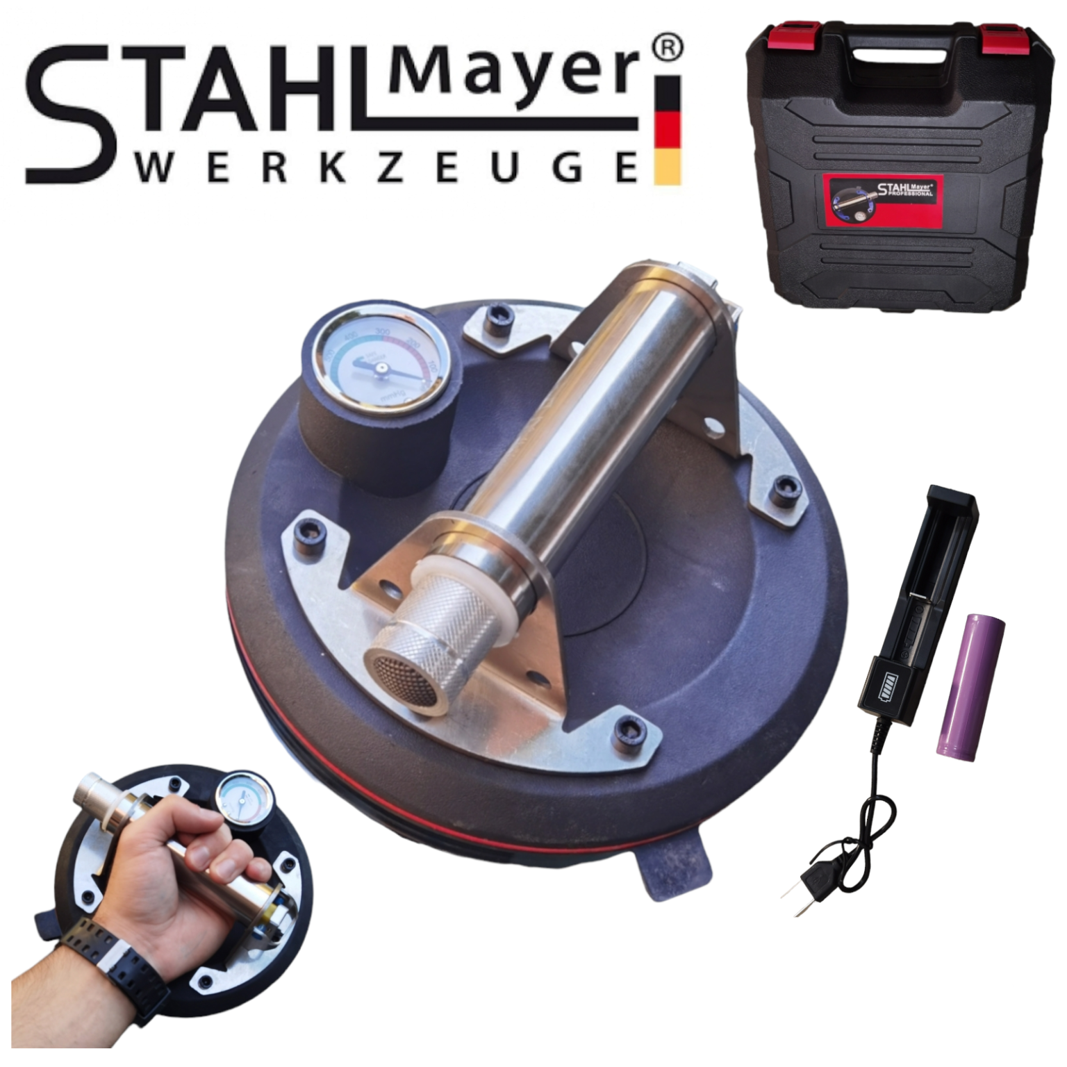 Акумулаторна Вакум Помпа за Плочки Вендуза с Манометър STAHLMAYER до ...