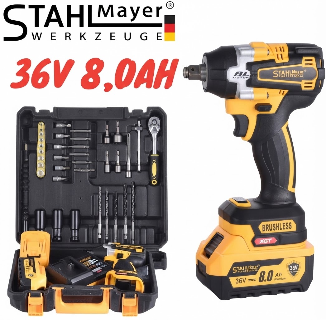 IMG_8888 Акумулаторен Ударен Гайковерт / Импакт Комбиниран 36V 8,0AH STAHLMAYER + 40 части инструменти Безчетков 2 Батерии 850Nm - Image 1