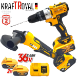 Винтоверт и Ъглошлайф Акумулаторен Комплект 2в1 36V 8,0AH KRAFTROYAL 125мм 2 Батерии Безчетков Бормашина и Флекс Шлайф