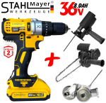 Акумулаторен Безчетков Винтоверт Бормашина 36V 8,0AH STAHLMAYER + Приставка Адаптер Зеге Трион + Приставка за Рязане на Ламарина и Метал + Приставка Резачка Трион за Клони 18см шина 2 батерии