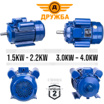 Монофазен Електрически  Двигател Електромотор за 1.5KW 2.2KW 3KW 4KW 1500 и 3000 оборота 220V ДРУЖБА със Шайба и Кабели Чугун Медни Намотки