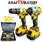 Комплект 2в1 Акумулаторен Импакт и Винтоверт 36V 8Ah KRAFTMASTER Жълт 2 Батерии в КУФАР 
