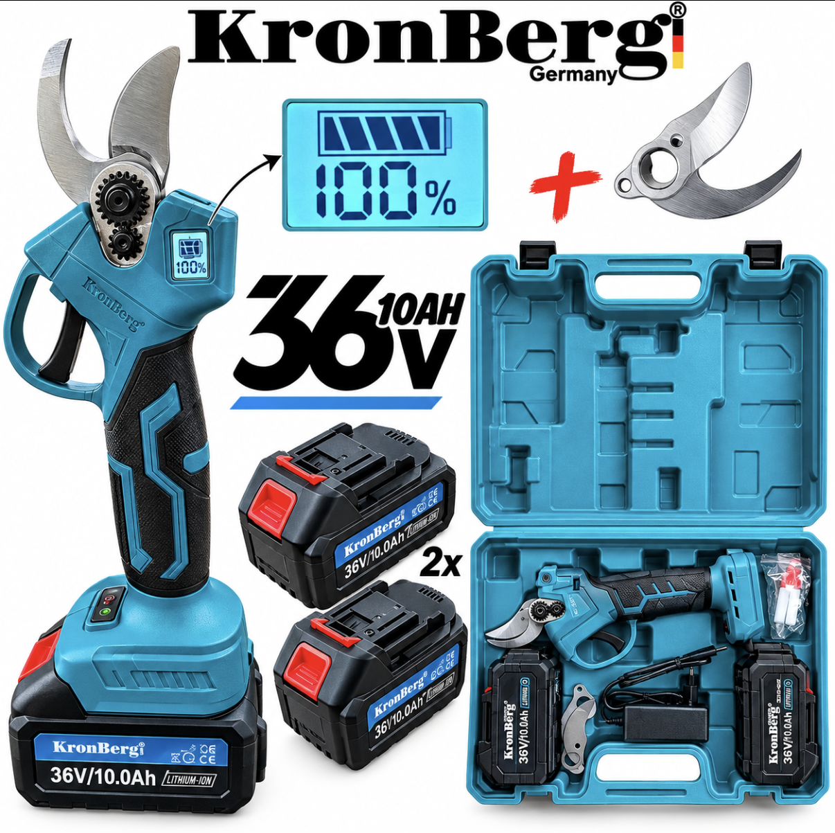 IMG_9868 Акумулаторна Лозарска Ножица 33мм 36V 10AH KRONBERG 2 Батерии и Подарък Резервен Нож - Image 1