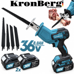 Акумулаторен Саблен Трион Мини Безчетков с 4 Ножа KRONBERG 36V 8,0AH Прав Трион за Месо Дърво Пластмаса Желязо Метал и ДР. 2 Батерии