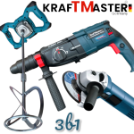 3в1 Бъркалка за Бетон Перфоратор и Ъглошлайф 125мм Електрически KRAFTMASTER Стройтелен Миксер Ударна Бормашина и Флекс ПРОМО КОМПЛЕКТ