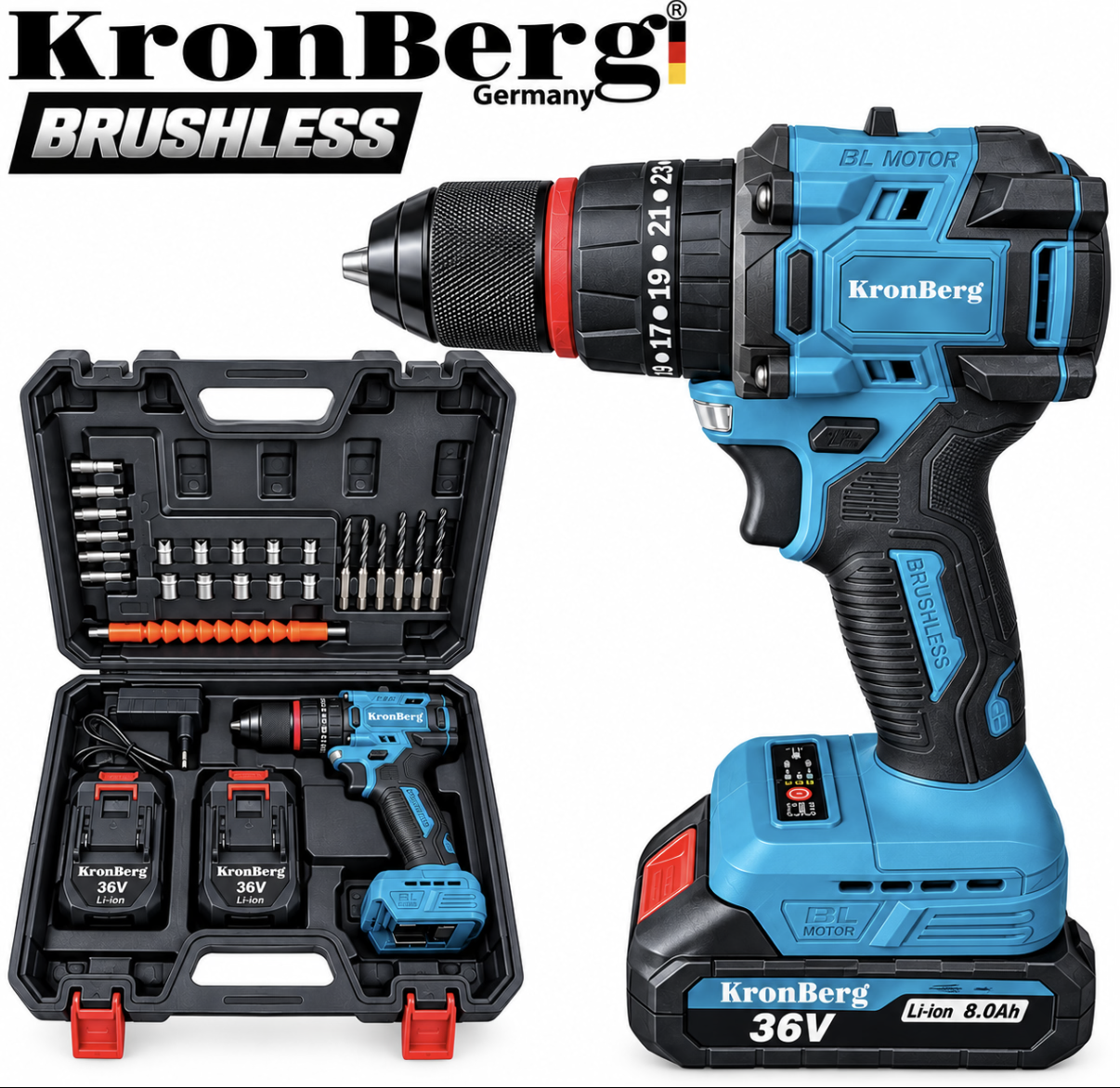 IMG_9382 Акумулаторен Професионален Безчетков Винтоверт KRONBERG Ударен 36V, 8.0Ah 2 Батерии Зарядно Устройство и Куфар - Image 1