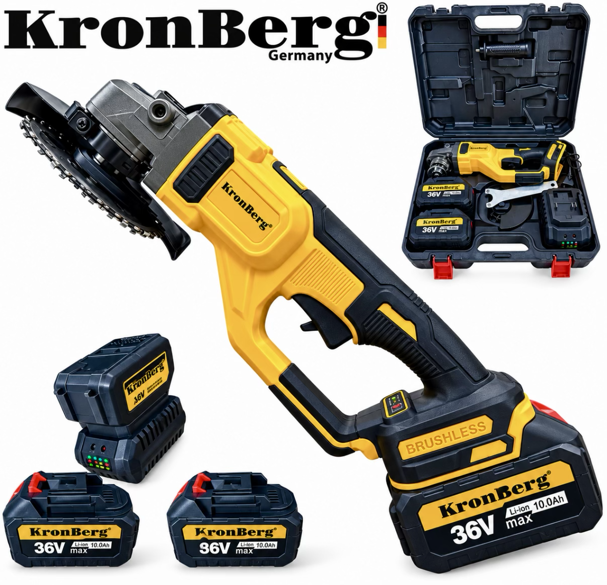 IMG_9444 Професионален Акумулаторен Безчетков Ъглошлайф KRONBERG 125мм 36V 10Ah 2 Батерии и Зарядно Устройство в Куфар - Image 1