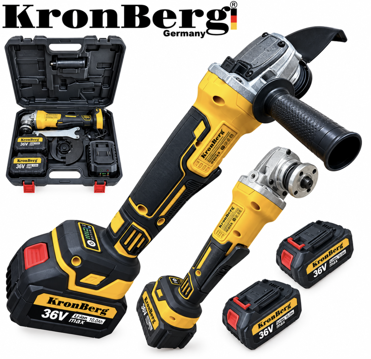 IMG_9446 Безчетков Акумулаторен Ъглошлайф Безжичен KRONBERG 125мм 36V 10Ah 2 Батерии и Зарядно Устройство в Куфар - Image 1
